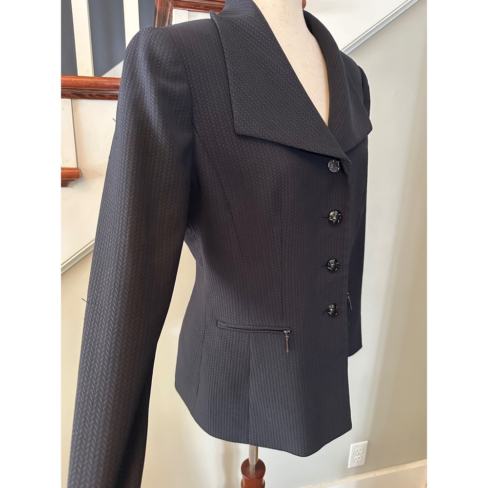 Vintage Tahari Levine Blazer 8 Black Herringbone Wide Collar Zip Pocket Jacket - Picture 4 of 15